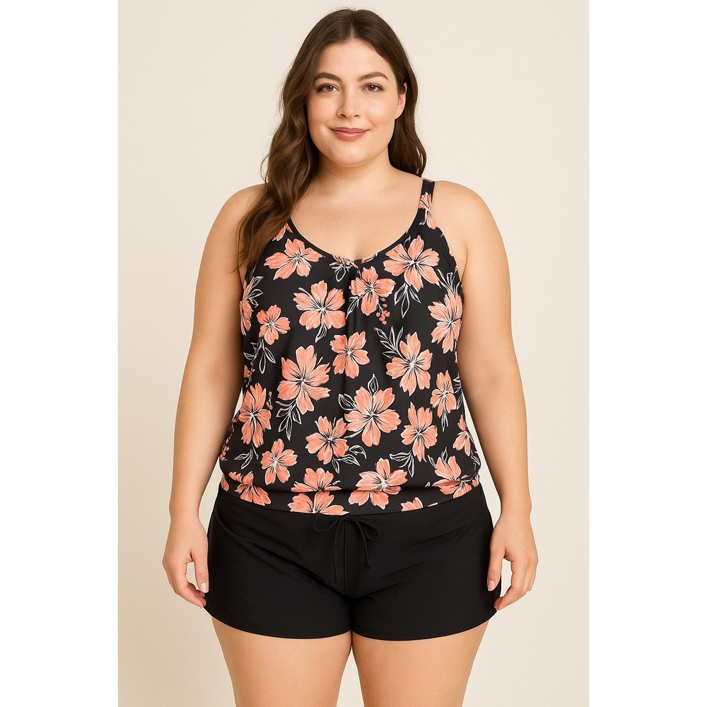 Aqua Eve Womens Tankini Swim Set Size L‎ Black Floral Modest Full Coverage Beach